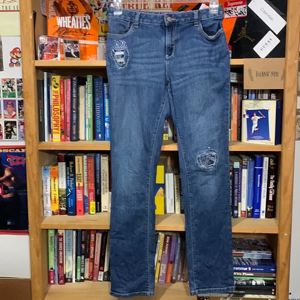 OLD NAVY-girl’s blue ‘REPAIRED SKINNY’ stretch waistband denim jeans w/sequins